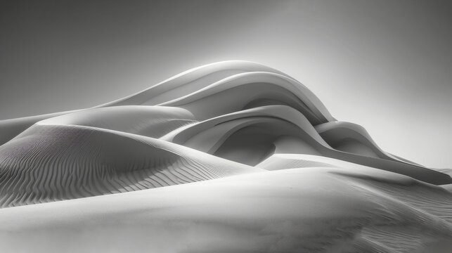  A black-and-white photograph portrays a desert landscape, featuring sand dunes in the front and a sun beam in the rear