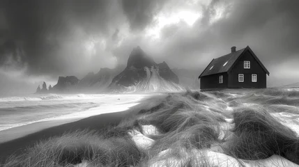 Foto op Plexiglas  A monochromatic image of a secluded house atop an azure sea, surrounded by verdant hills and a majestic peak in the distance © Anna