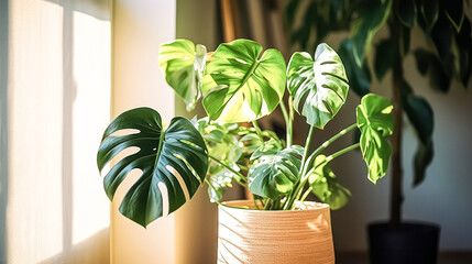 A large plant with a leafy green stem sits in a brown pot. The plant is in a window sill, and the sunlight is shining on it
