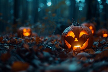 Carved Pumpkins Group in Dark Woods