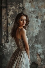 Naklejka premium Woman in Dress Leaning Against Wall