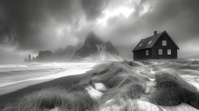  A monochromatic image of a secluded house atop an azure sea, surrounded by verdant hills and a majestic peak in the distance