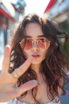 Woman Wearing Sunglasses Making Peace Sign
