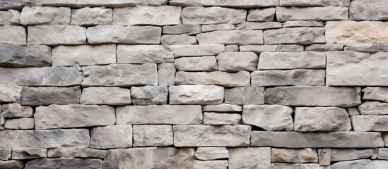 A detailed close up of a stone wall with a lot of rectangular bricks in a beige color. The intricate pattern of the brickwork highlights the composite material of this sturdy building material