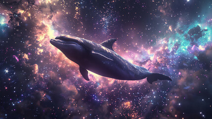 A dolphin moving through space against a backdrop of constellations, galaxies and bright, colorful shimmers. 