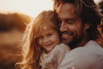 A father embraces his daughter tenderly as the setting sun casts a warm glow on their happy faces - obrazy, fototapety, plakaty