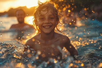 A young boy laughs exuberantly with water splashing around him in a pool during a vibrant summer sunset