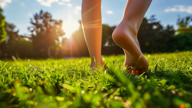 Bare feet touch the first grass in the field, under the shining sun, depicting the arrival of spring, the warmth and beauty of nature. the change of season, the anticipation of summer.