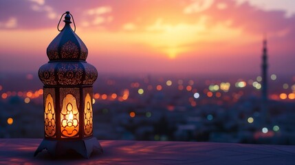Eastern Arabic lantern against the backdrop of the evening city at sunset.