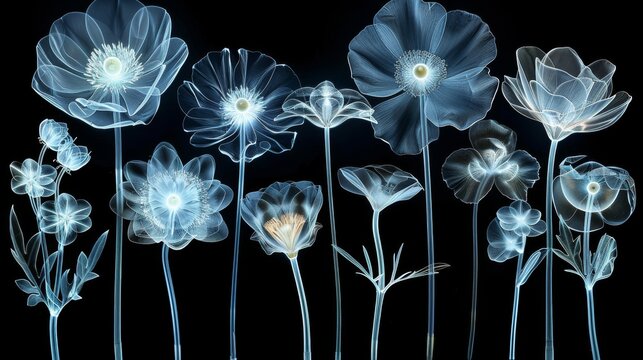  A collection of azure blossoms against a dark backdrop, illuminated by a centric white radiance