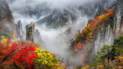  A mountain shrouded in mist and clouds, with trees framing the scene in the foreground in hues of red, yellow, and green