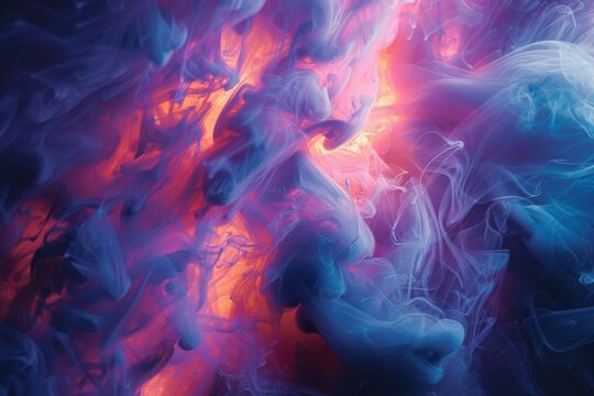 A closeup image capturing colorful smoke in shades of purple, violet, and magenta against a dark background, resembling a unique art piece in the atmosphere
