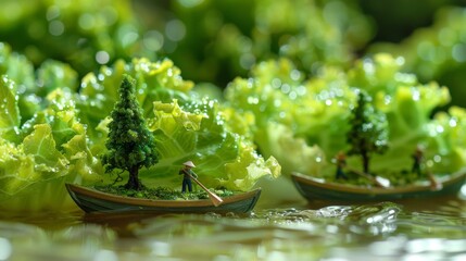  A pair of tiny vessels bobbing atop a verdant lake speckled with rain-drenched lettuce leaves