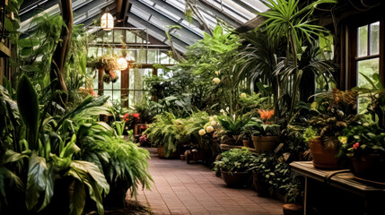 Fototapeta na wymiar A greenhouse filled with plants and trees. The plants are in pots and the greenhouse is very large