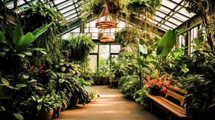 A greenhouse filled with plants and trees. The plants are in pots and the greenhouse is very large