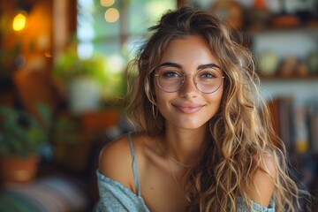 A beautiful young woman with curly hair and glasses poses confidently indoors with a casual style