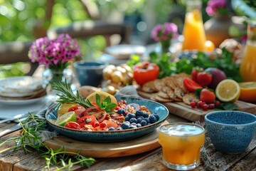 A picturesque outdoor breakfast spread with fresh fruits and a variety of dishes basking in natural morning light
