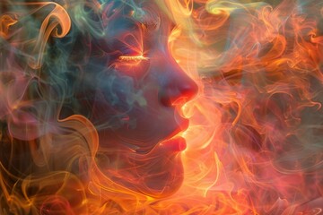 An artistic closeup of a womans face with flames and smoke emerging from it, showcasing the raw power and beauty of natures fiery geological phenomenon. A perfect blend of CG artwork and painting - obrazy, fototapety, plakaty