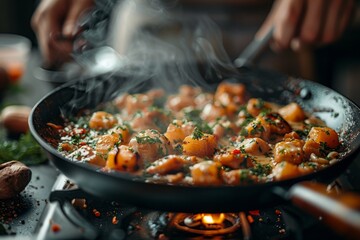A steaming hot and saucy dish being cooked in a frying pan with hands preparing the meal garnished with herbs