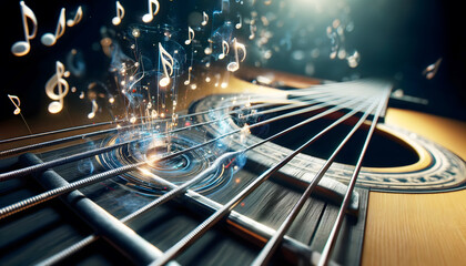 Guitar String With Virtual Music Notes - obrazy, fototapety, plakaty