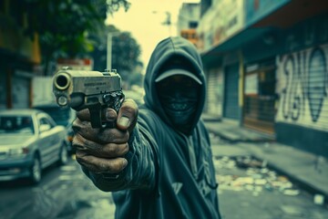 Man in Black Hoodie Holding Gun - obrazy, fototapety, plakaty