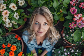 Naklejka premium Woman Sitting in Field of Flowers