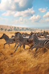 Fototapeta na wymiar herd of zebra running through a dry grass field.