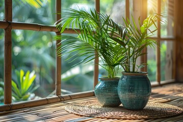 Two vibrant green plants in handcrafted blue ceramic pots sitting on a bamboo shelf warmly lit by...