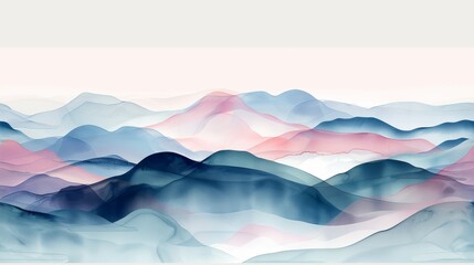  A painting featuring a majestic mountain range in shades of blue, pink, and white, set against a serene pink sky in the background - obrazy, fototapety, plakaty