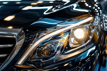 Close-up of the headlights of a car being polished to remove dust, car headlights polish service, car headlights cleaning, car cleaning service, car washing, car light cleaning, automobile detailing 