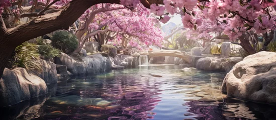 Papier Peint photo Lavable Cappuccino An art piece depicting a tranquil river surrounded by cherry blossom trees, with magenta blooms contrasting against the purple hues of the water, showcasing the beauty of natural landscapes