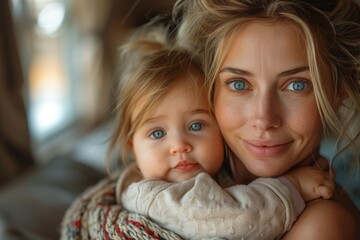 Mother holds a baby close, both sharing bright blue eyes and blonde hair