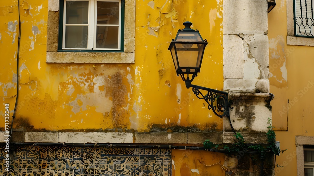 Wall mural Vintage Lantern on a Weathered Yellow Wall, Textures of Time. Old Meets New in Urban Street Photography. Ideal for Decor and Backgrounds. AI