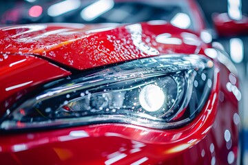 Close-up of the headlights of a car being polished to remove dust, car headlights polish service,...