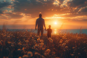 A touching scene as a father holds his son's hand while walking through a field of wildflowers during golden hour