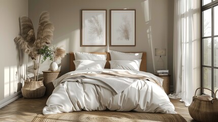  A spacious bedroom boasts a sizeable window, white comforter on a cozy bed, and two colorful wall photos