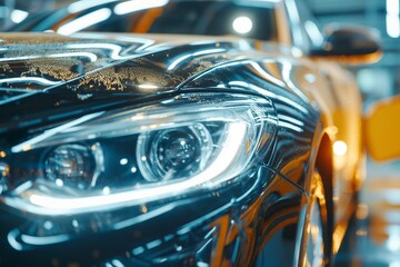 Close-up of the headlights of a car being polished to remove dust, car headlights polish service, car headlights cleaning, car cleaning service, car washing, car light cleaning, automobile detailing  - obrazy, fototapety, plakaty