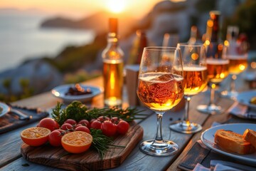 An idyllic dining setup featuring wine glasses and fresh ingredients, overlooking the Mediterranean Sea at sunset - obrazy, fototapety, plakaty
