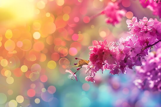 Beautiful season image with colored spring flowers trees in a colorful blurred background .