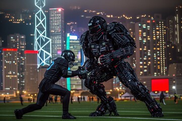 In futuristic cityscape, one humanoid in football gear confronts a larger robot, both poised for a gridiron duel. smaller figure in sports attire faces off against a towering mechanical adversary