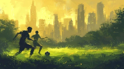 Selbstklebende Fototapeten Youthful soccer players contrast with a backdrop of luminous skyscrapers, encapsulating dreams against an urban dawn. Energetic football match unfolds, radiant cityscape looming behind © Thaniya