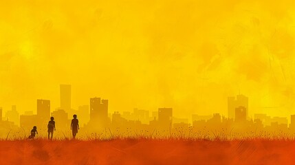Figures stand before an urban silhouette bathed in gold, evoking contemplation and a sense of future amidst stillness. silhouettes observe the horizon, engulfed in a warm haze that whispers