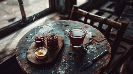  Wine glasses sitting on wooden table with cracked egg near wooden piece