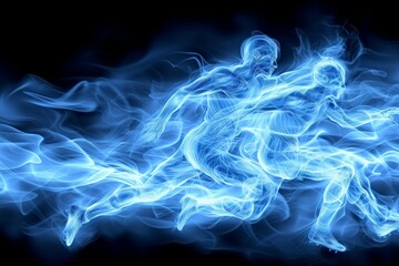 Phantom soccer players, made of blue energy, battle for possession, their forms trailing light in ethereal match. Ghostly outlines of athletes, composed of electric blue streams, engage in soccer duel - obrazy, fototapety, plakaty