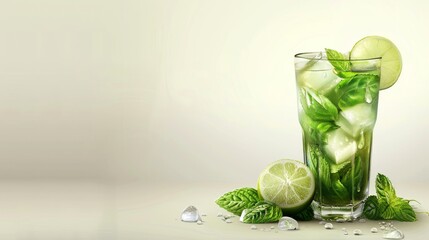  A glass filled with light-colored drink that contains mint leaves and sliced limes, placed on a white background Iced cubes visible
