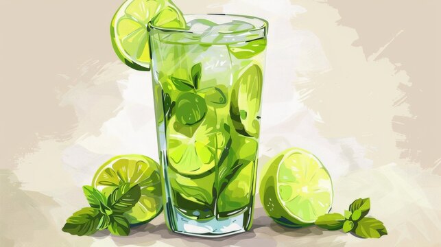  A beige background features a glass of mojito with limes and mints The water is splashed