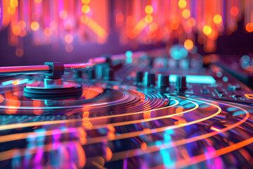 A DJ turntable setup with 3D waves of electronic music frequencies radiating from the vinyl, blending with abstract geometric shapes in a club setting