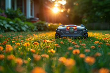Robot lawn mower on a lawn with flowers. The flowers are orange and the sun shines on them - obrazy, fototapety, plakaty