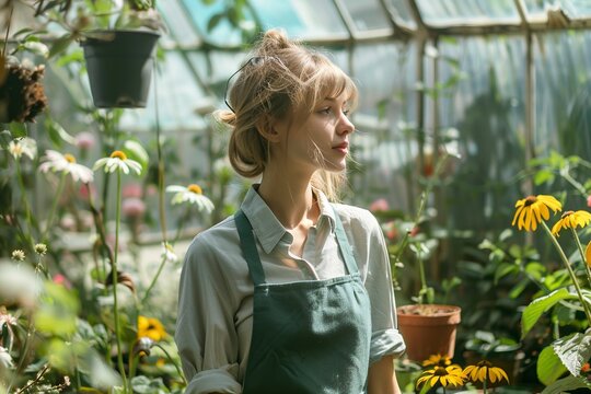 Woman Tending to Plants in a Greenhouse