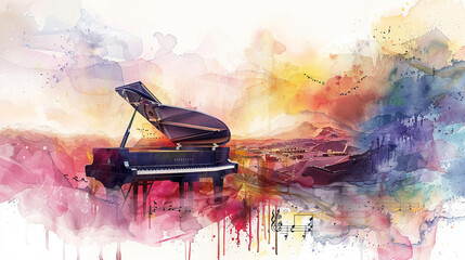 A grand piano at the heart of a watercolor landscape, with each key transforming into a wave of colors, symbolizing different music genres that blend into a harmonic sunset - obrazy, fototapety, plakaty